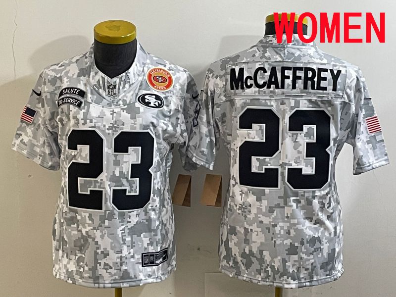 Women San Francisco 49ers #23 Mccaffrey Nike Arctic Camo 2025 Salute to Service Limited NFL Jersey style 6